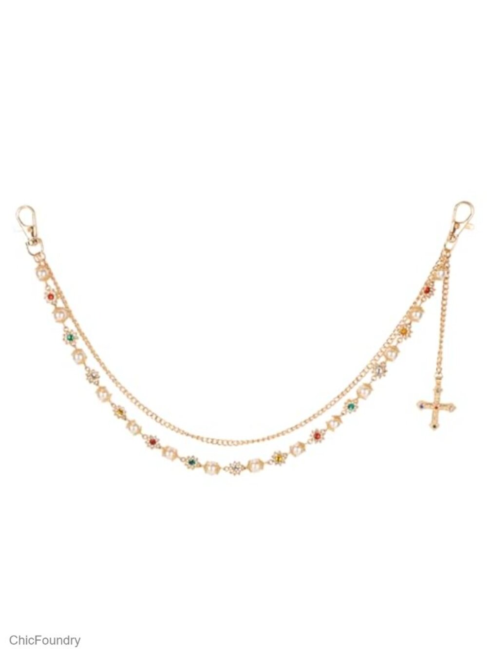 Layered Pearl Cross Pants Chain Gold Tone Jeans Wallet Chain Punk Hip Hop
